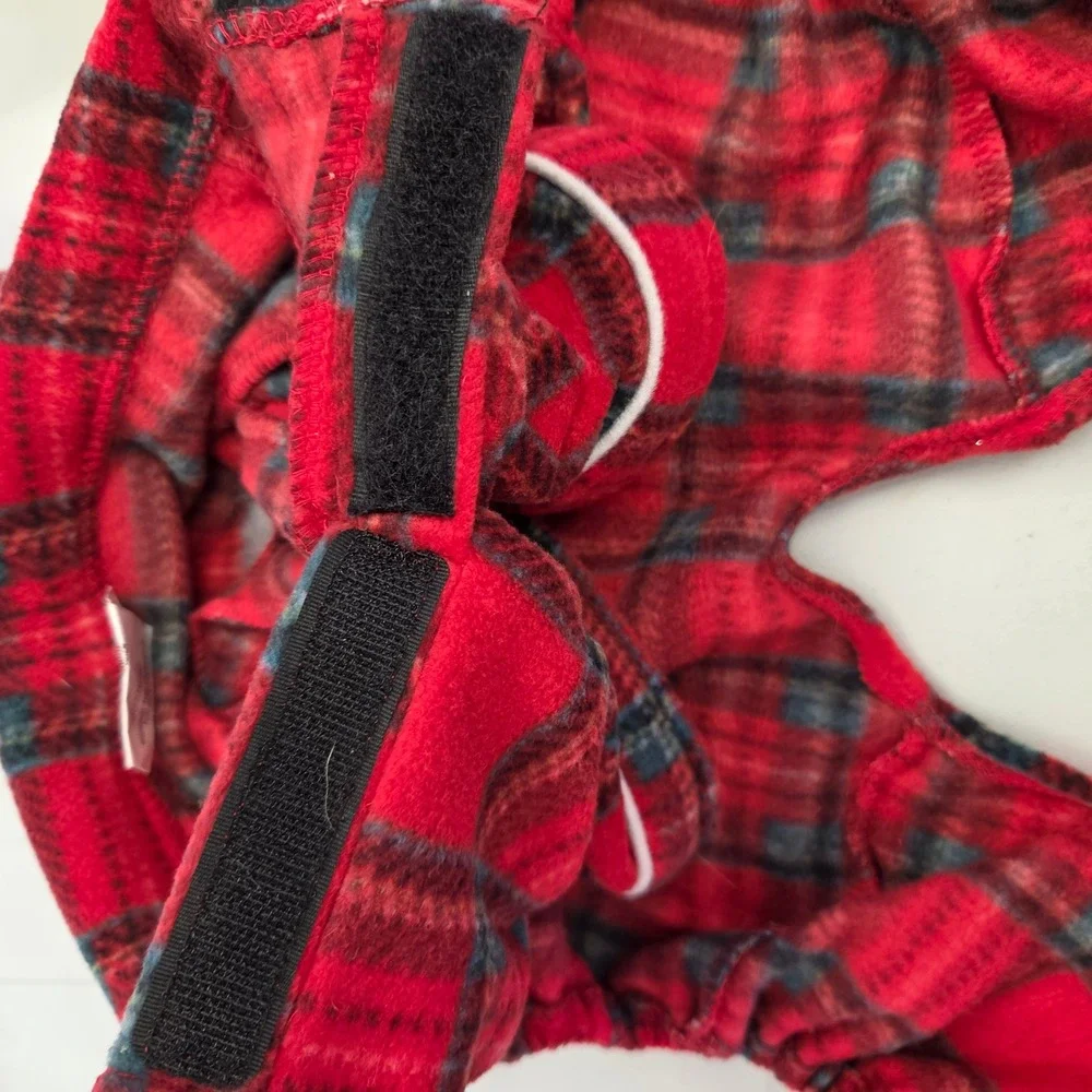 Red Black Plaid Fleece Dog Pajamas Medium Velcro Closure Holiday Pet Onesie